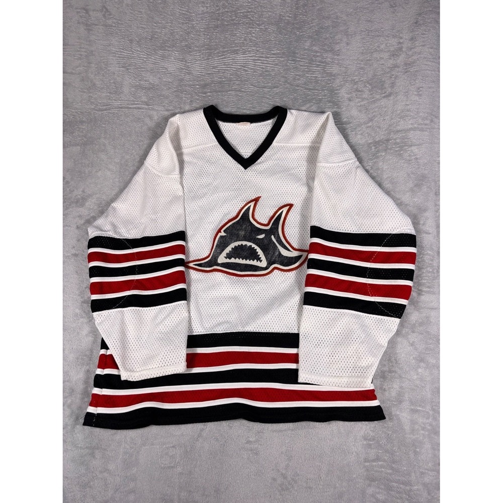 Pro-Joy Shark Logo Hockey Jersey 1990s Mens XL White Striped V-Neck
